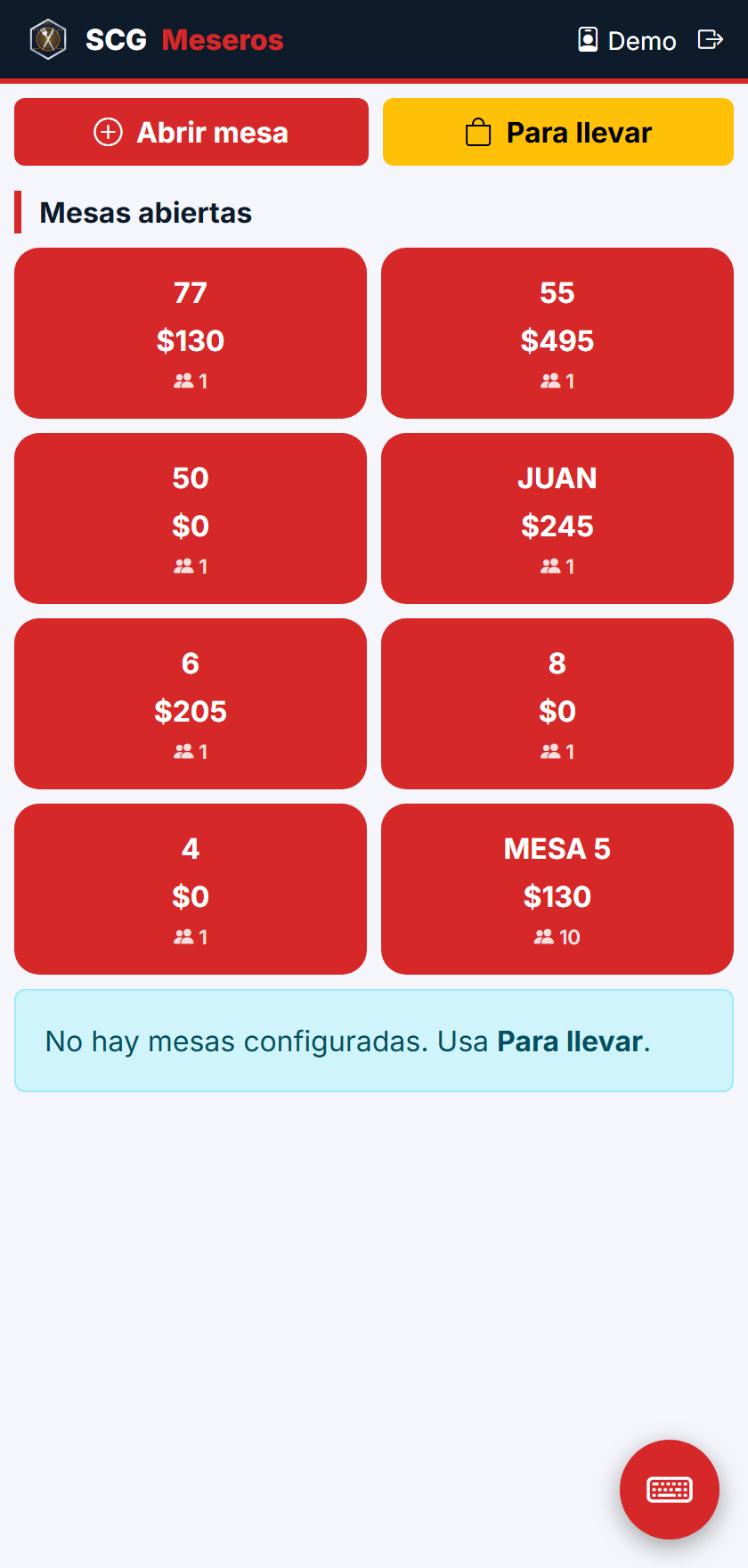 App de meseros — mesas abiertas