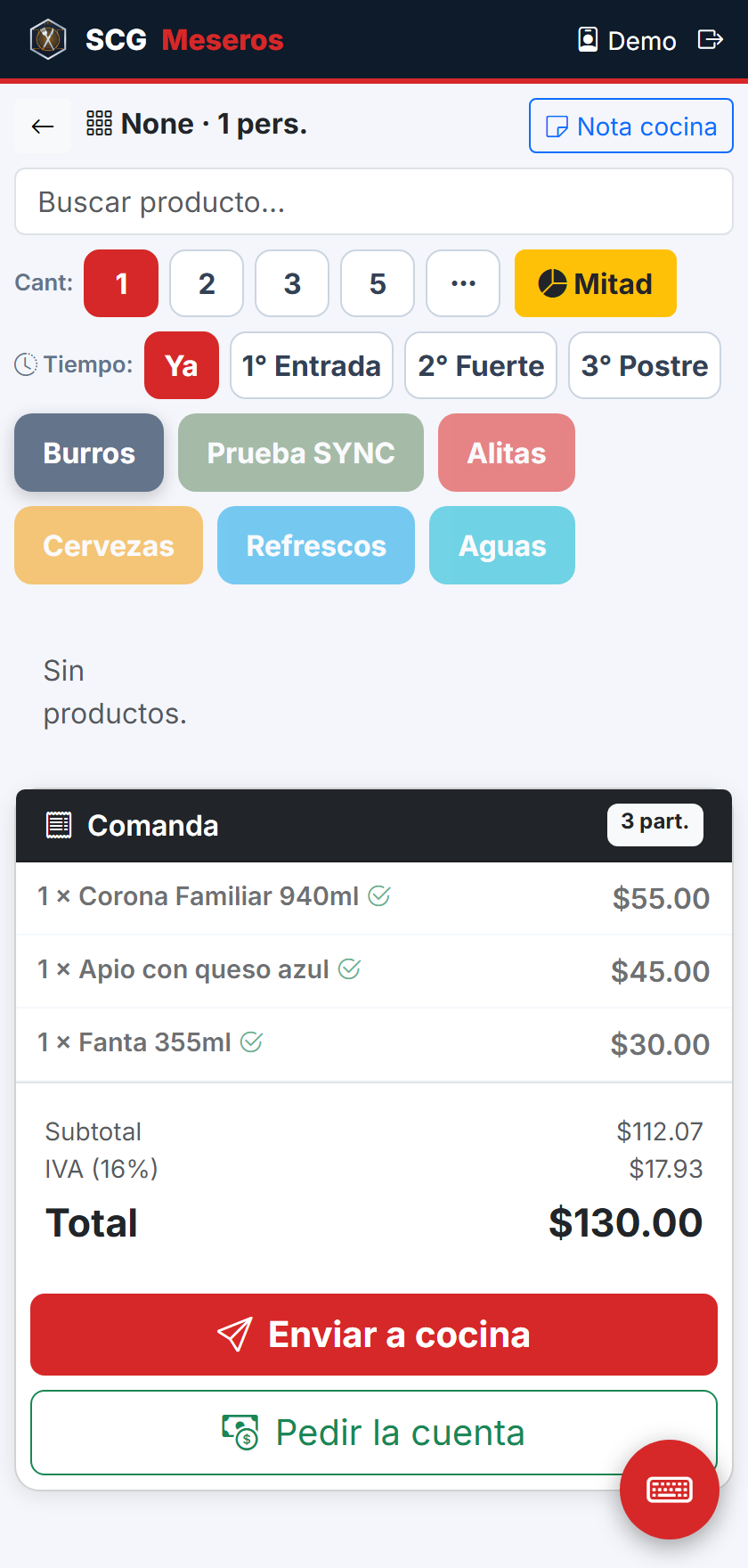 App de meseros — toma de comanda